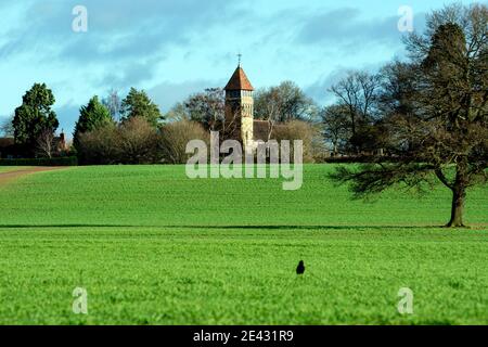 Blick in Richtung St. James the Great Church im Winter, Old Milverton, von Guy`s Cliffe, Warwick, Warwickshire, Großbritannien Stockfoto